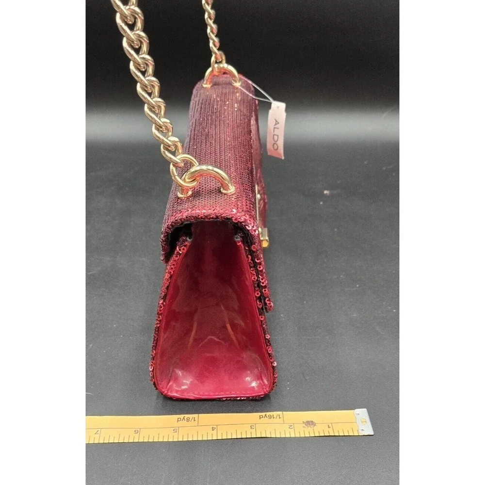 Aldo Red Sequent Handbag W/ Yellow Metal Chain Adjustable‎ Evening Event Purse